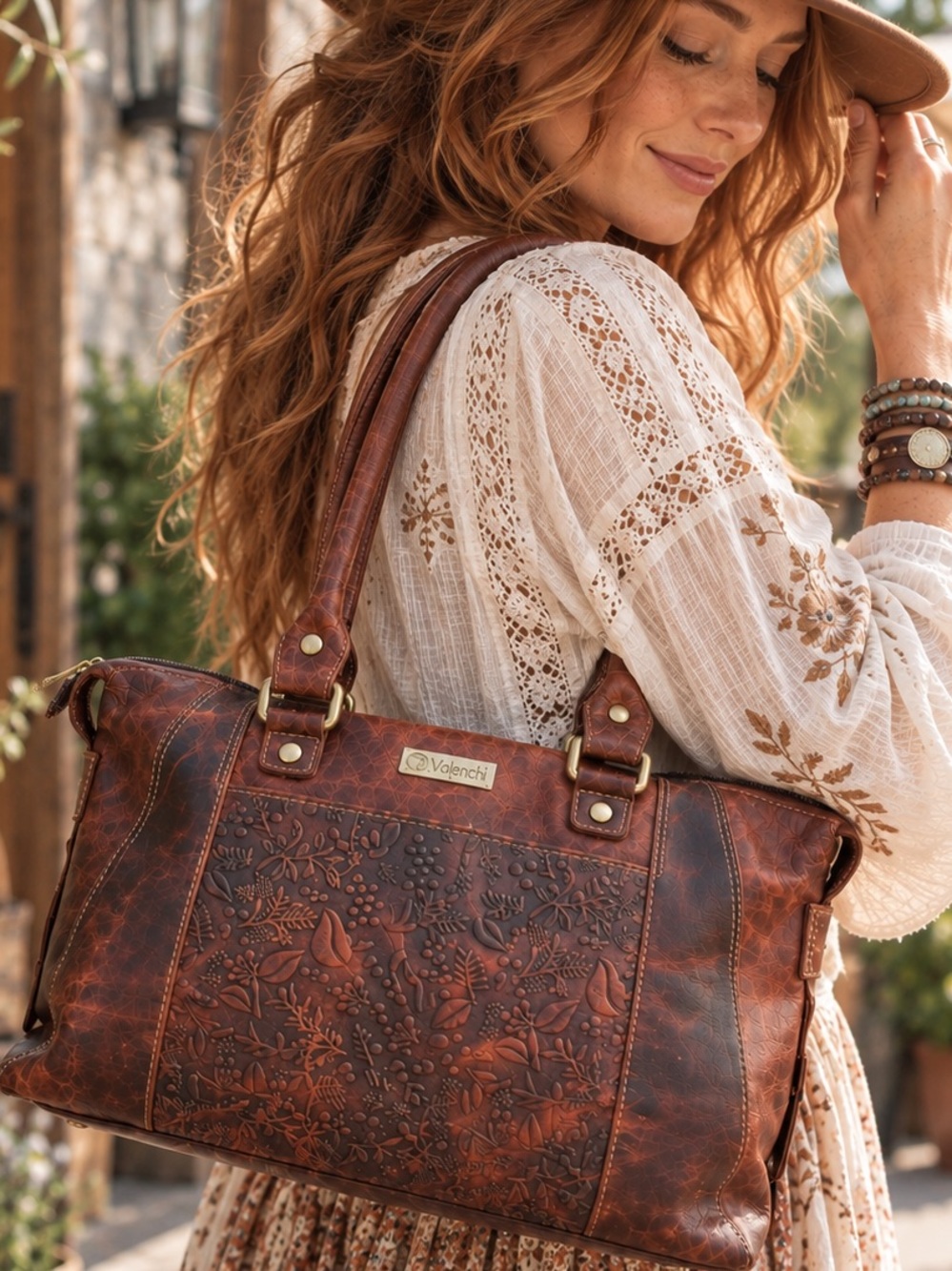 Vintage Valenchi Tooled Distressed Leather Satchel 🤎 Like New